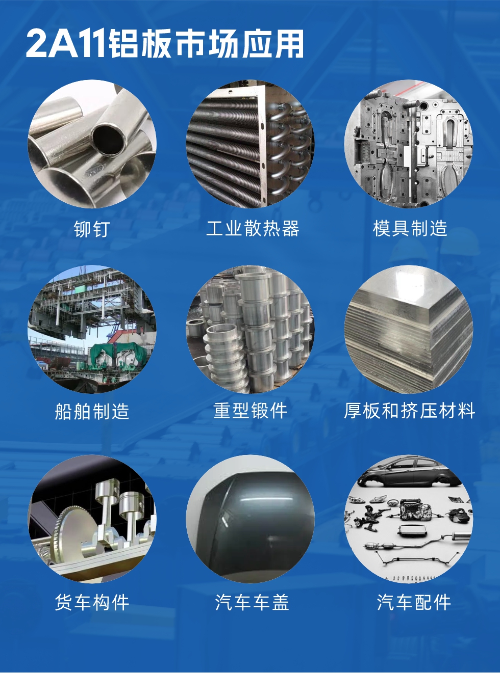 2a11鋁板市場(chǎng)應(yīng)用：

鉚釘、工業(yè)散熱器、模具制造、船舶制造、重型鍛件、厚板和擠壓材料，貨車構(gòu)件、汽車車蓋、汽車配件等領(lǐng)域。