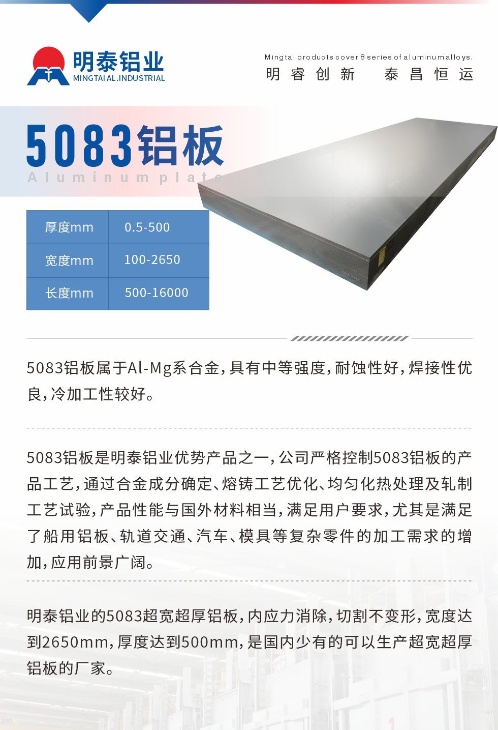 5083鋁板屬于Al-Mg系合金，具有中等強(qiáng)度，耐蝕性好，焊接性優(yōu)良，冷加工性較好。
　　5083鋁板是明泰鋁業(yè)優(yōu)勢(shì)產(chǎn)品之一，公司嚴(yán)格控制5083鋁板的產(chǎn)品工藝，通過合金成分確定、熔鑄工藝優(yōu)化、均勻化熱處理及軋制工藝試驗(yàn)，產(chǎn)品性能與國外材料相當(dāng)，滿足用戶要求，尤其是滿足了船用鋁板、軌道交通、汽車、模具等復(fù)雜零件的加工需求的增加，應(yīng)用前景廣闊。
　　明泰鋁業(yè)的5083超寬超厚鋁板，內(nèi)應(yīng)力消除，切割不變形，寬度達(dá)到2650mm，厚度達(dá)到500mm，是國內(nèi)少有的可以生產(chǎn)超寬超厚鋁板的廠家。